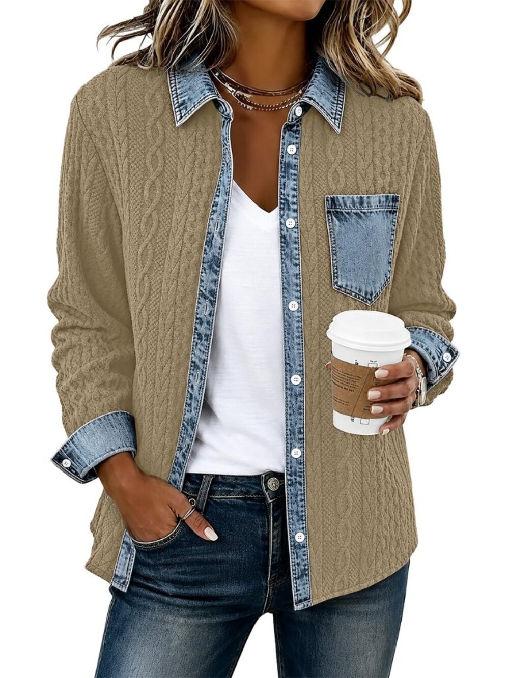 Womens Shacket Denim Patchwork Button Down Loose Jackets Top Coats